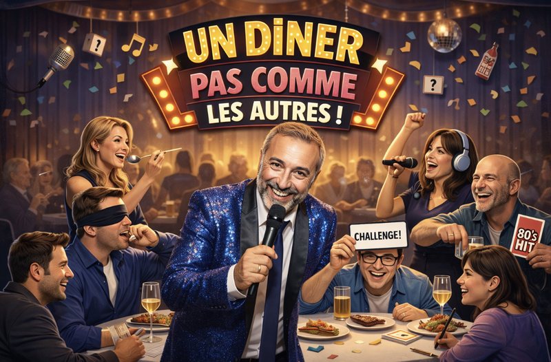 Visuel du concept « Un dîner pas comme les autres » : un animateur au micro entouré de convives qui jouent et rient à table